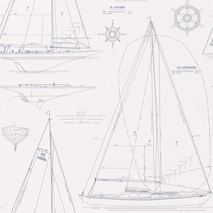 Boat Blueprint Wallpaper by Ralph Lauren in Dark Blue on White