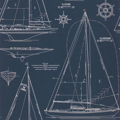 Boat Blueprint Wallpaper by Ralph Lauren in White on Dark Blue