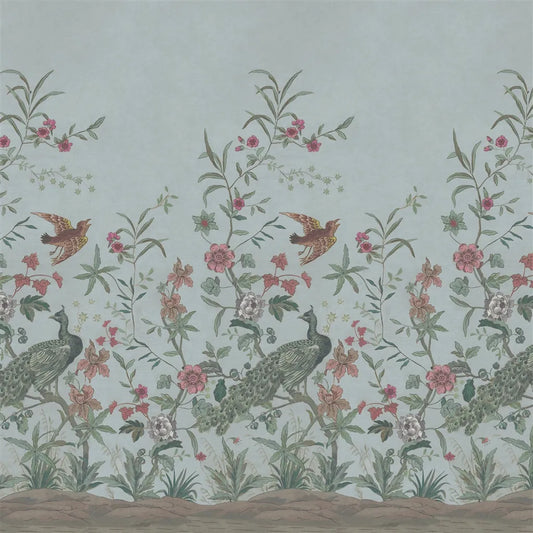 Peacock Toile Scene 1 Wallpaper Panel by John Derian in Sky Blue
