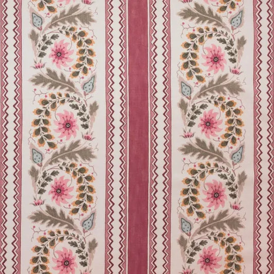 Floral Border Stripe Fabric by Salvesen Graham in Raspberry