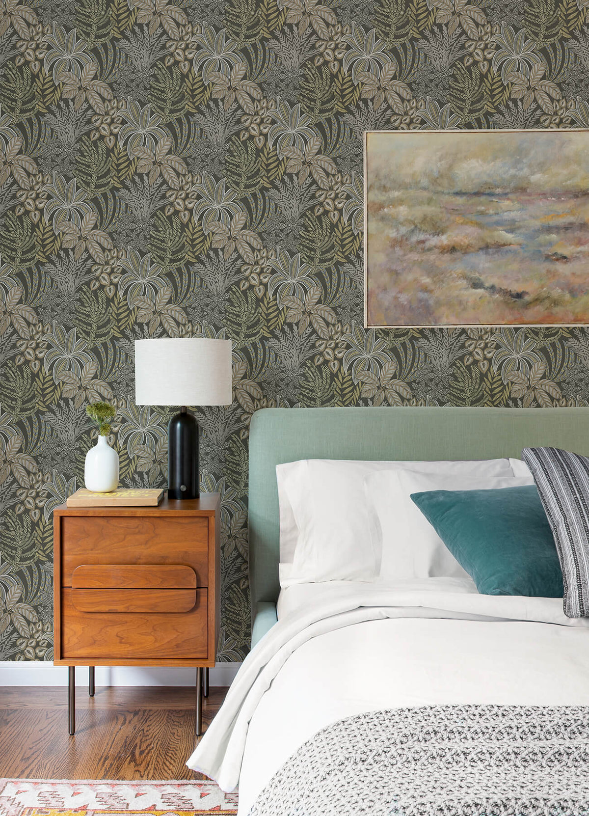 A-Street Prints Revival Sumner Wallpaper, botanical in blue, brown, black