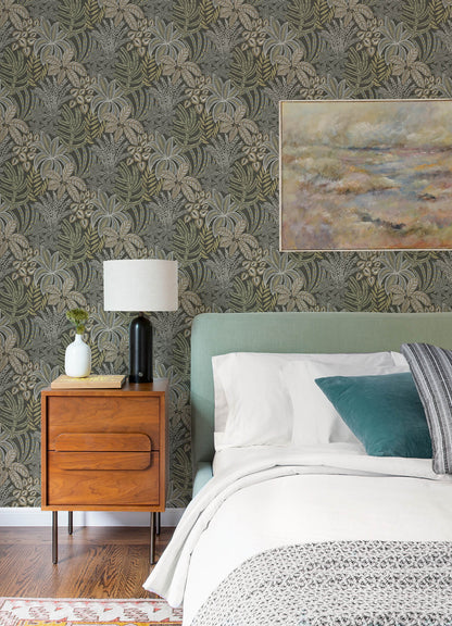 A-Street Prints Revival Sumner Wallpaper, botanical in blue, brown, black
