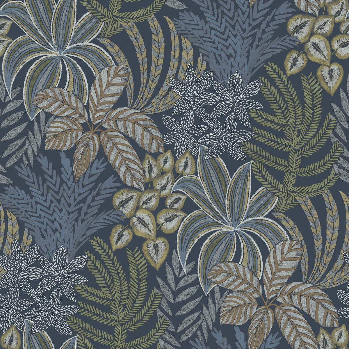 A-Street Prints Revival Sumner Wallpaper - Navy, botanical in blue, brown, black