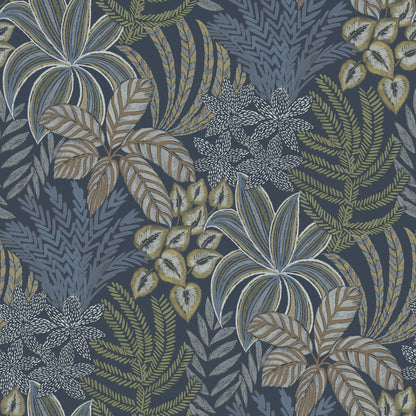 A-Street Prints Revival Sumner Wallpaper - Navy, botanical in blue, brown, black