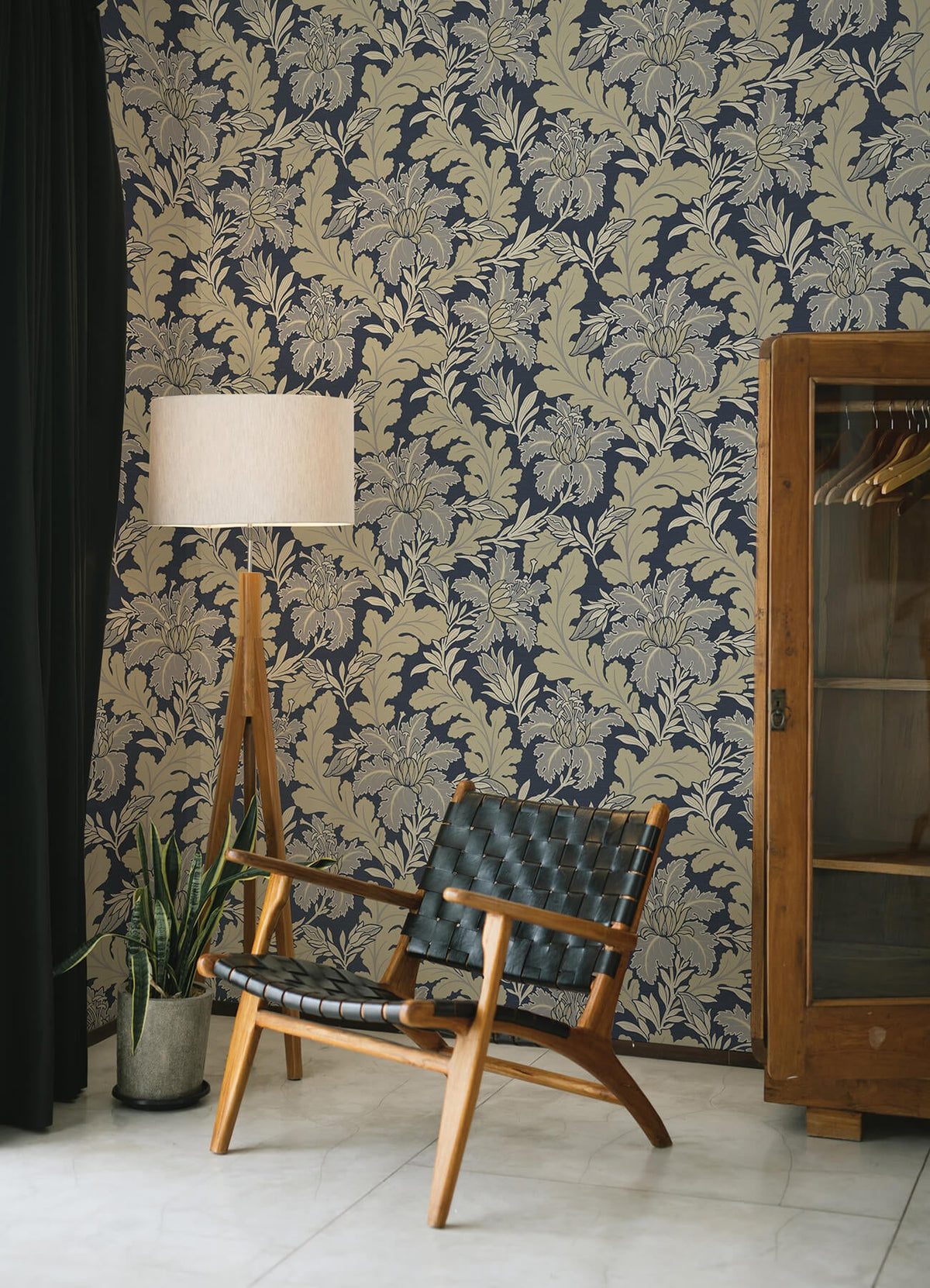 A-Street Prints Revival Butterfield Floral Wallpaper, botanical in grey, red, blue