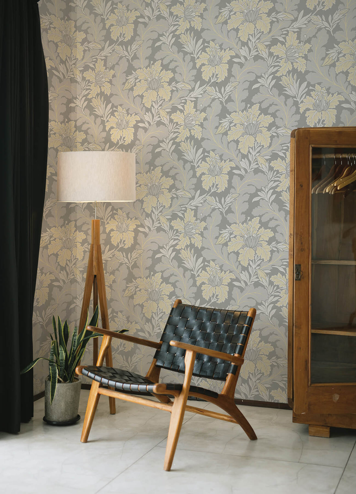A-Street Prints Revival Butterfield Floral Wallpaper, botanical in grey, red, blue
