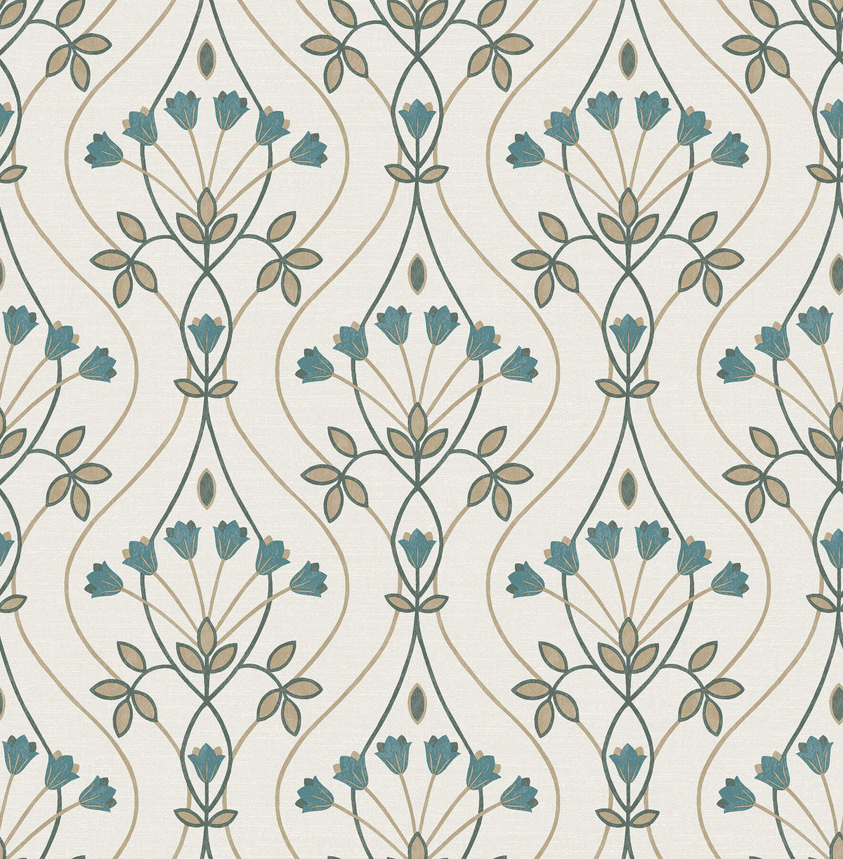 A-Street Prints Revival Dard Tulip Ogee Wallpaper - Teal, botanical in blue, green
