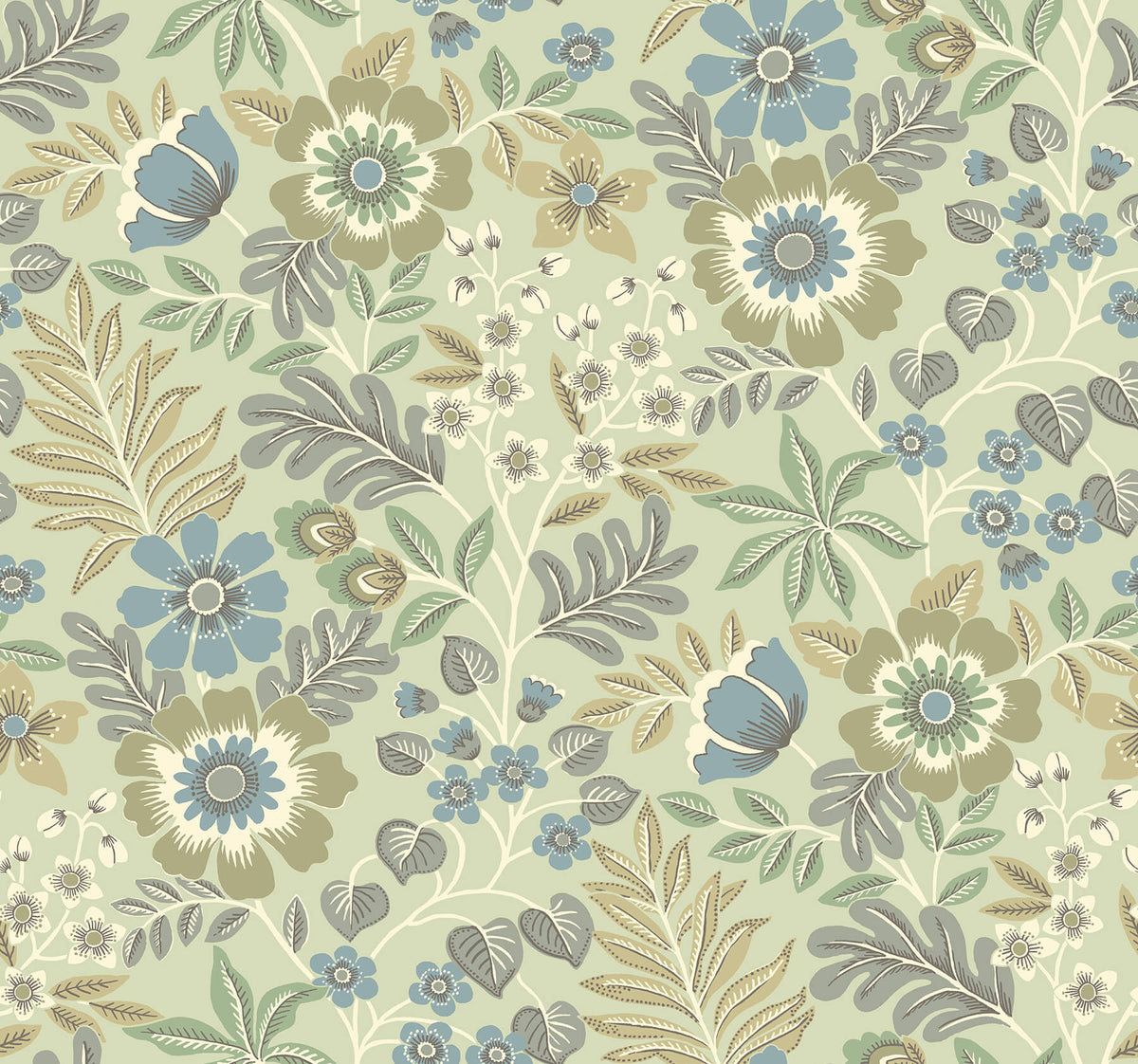 A-Street Prints Revival Voysey Floral Wallpaper - Green, botanical in black, pink, brown