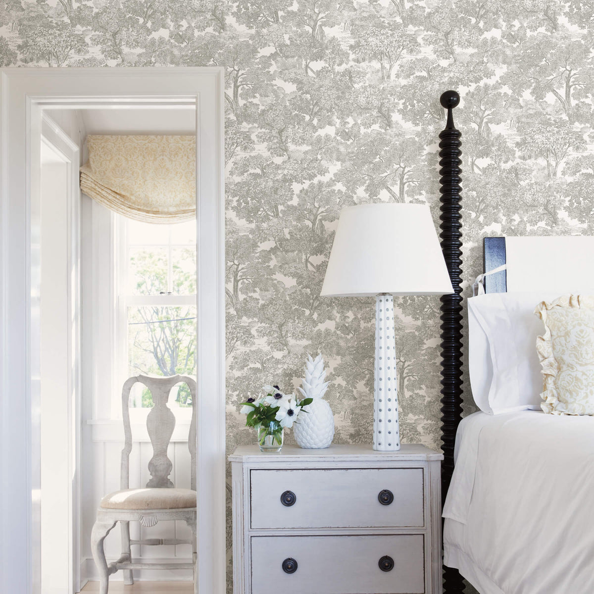 Chesapeake Farmhouse Spinney Toile Wallpaper, in grey, blue, pink