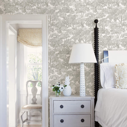 Chesapeake Farmhouse Spinney Toile Wallpaper, in grey, blue, pink