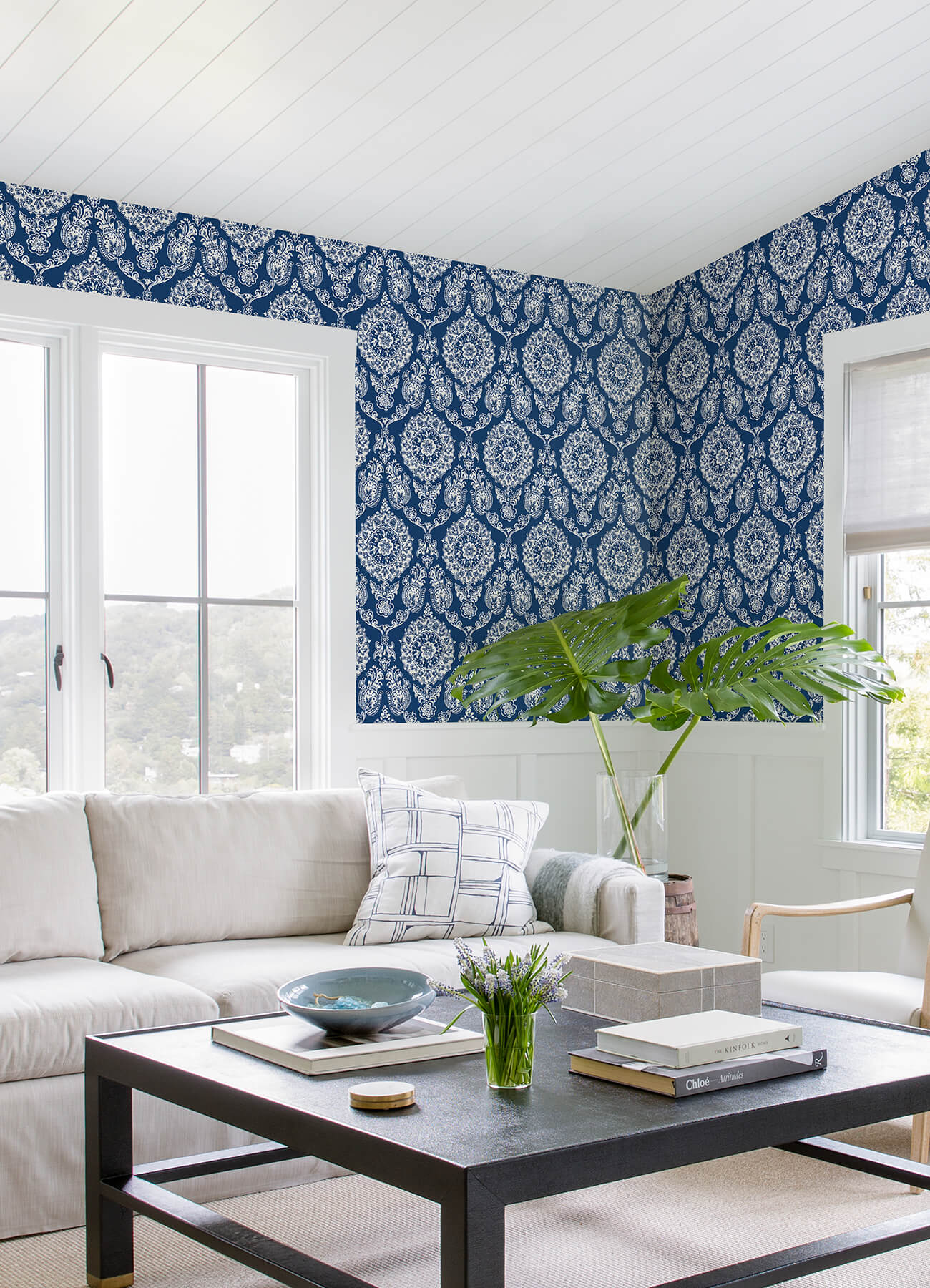 Blue Heron Helm Damask Floral Medallion Wallpaper