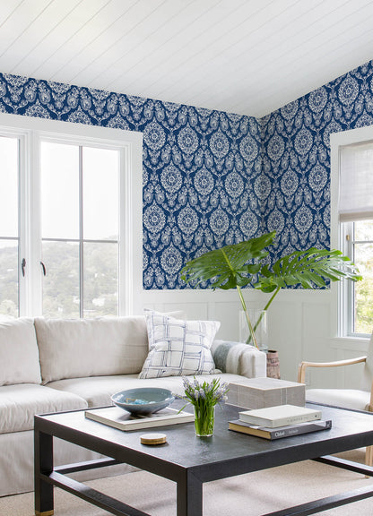 Blue Heron Helm Damask Floral Medallion Wallpaper