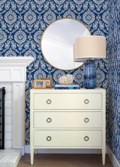 Blue Heron Helm Damask Floral Medallion Wallpaper