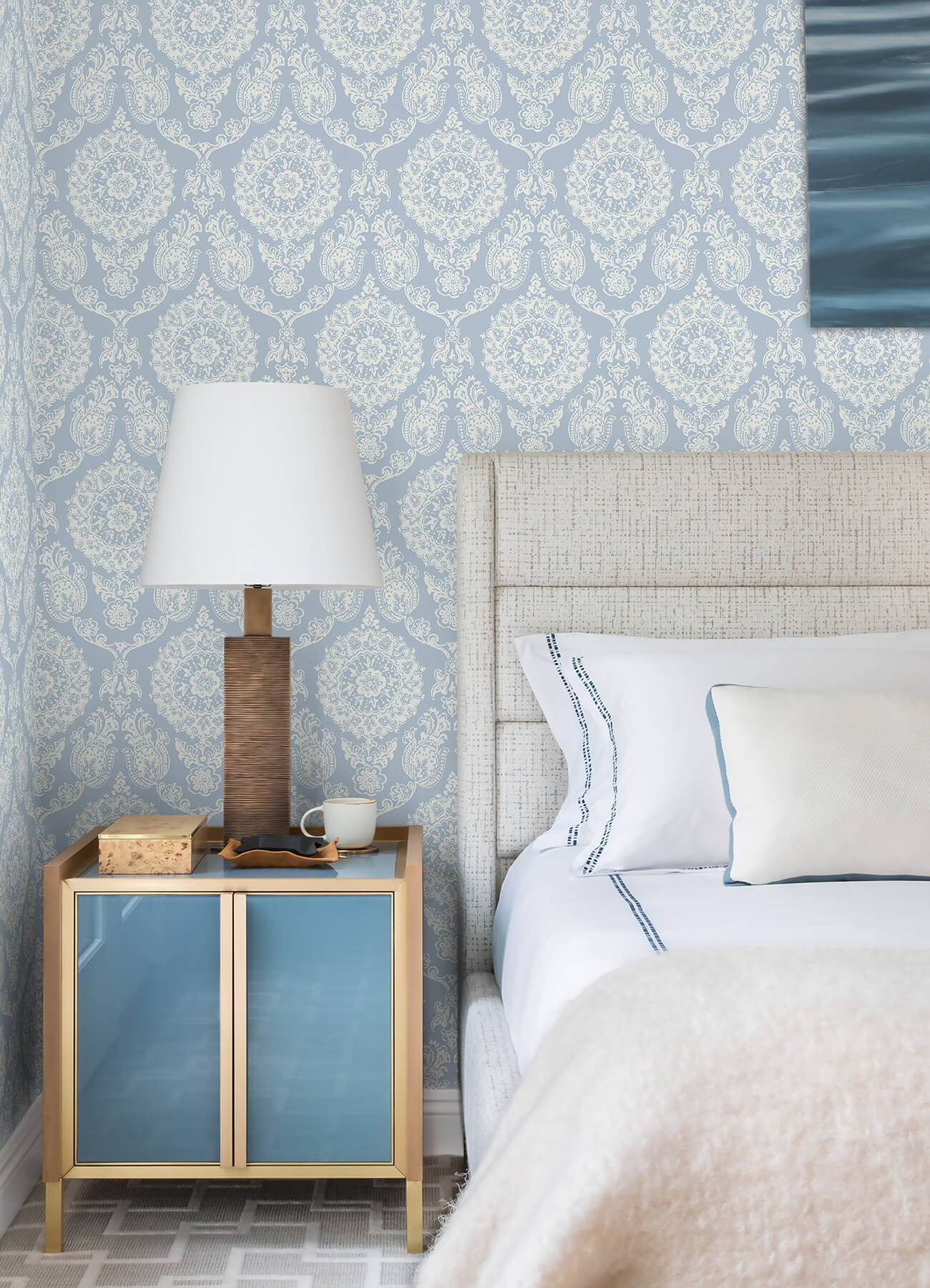 Blue Heron Helm Damask Floral Medallion Wallpaper