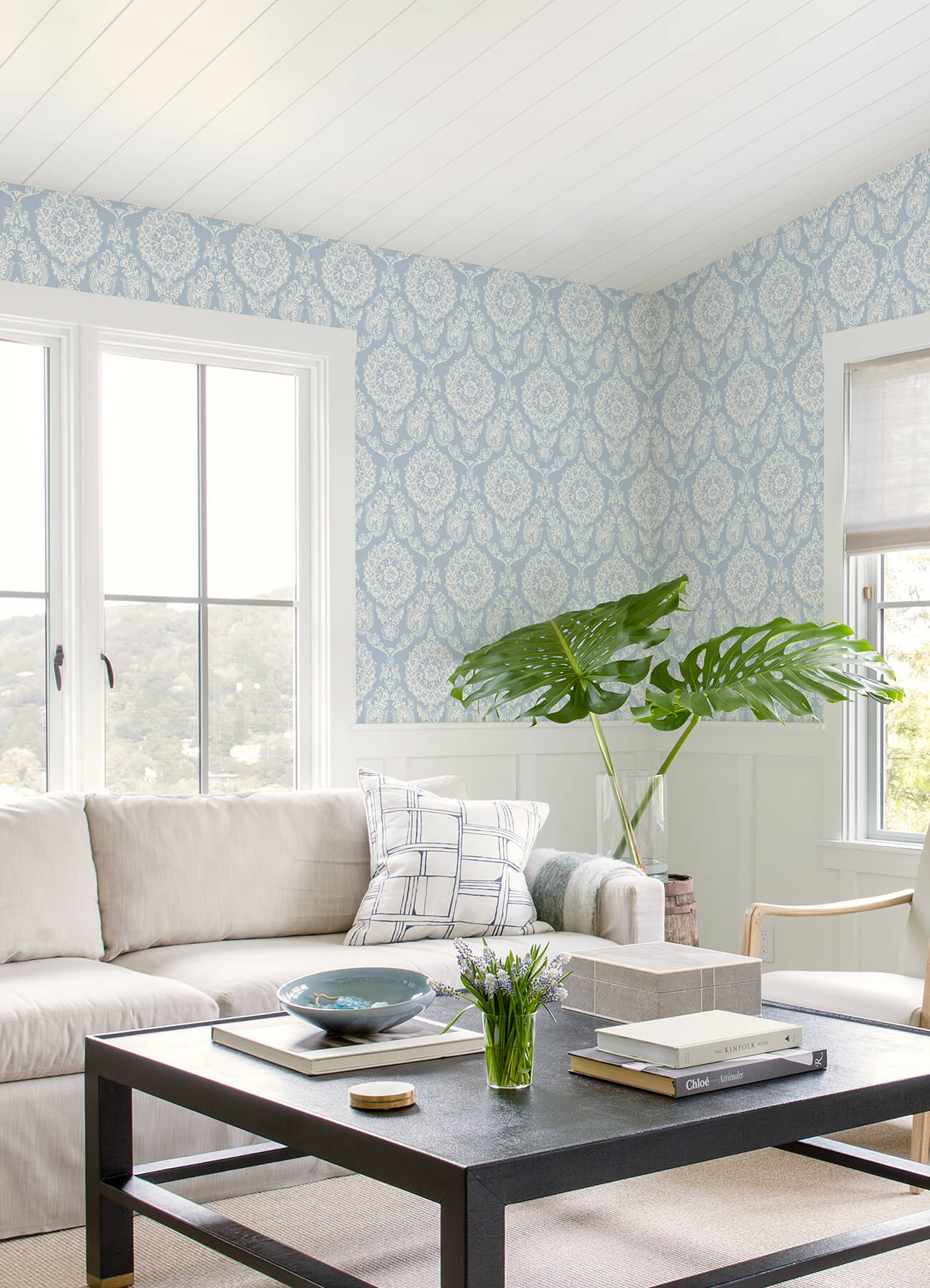 Blue Heron Helm Damask Floral Medallion Wallpaper