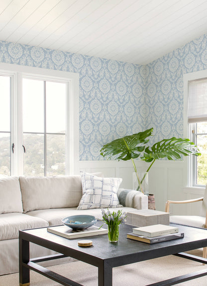 Blue Heron Helm Damask Floral Medallion Wallpaper