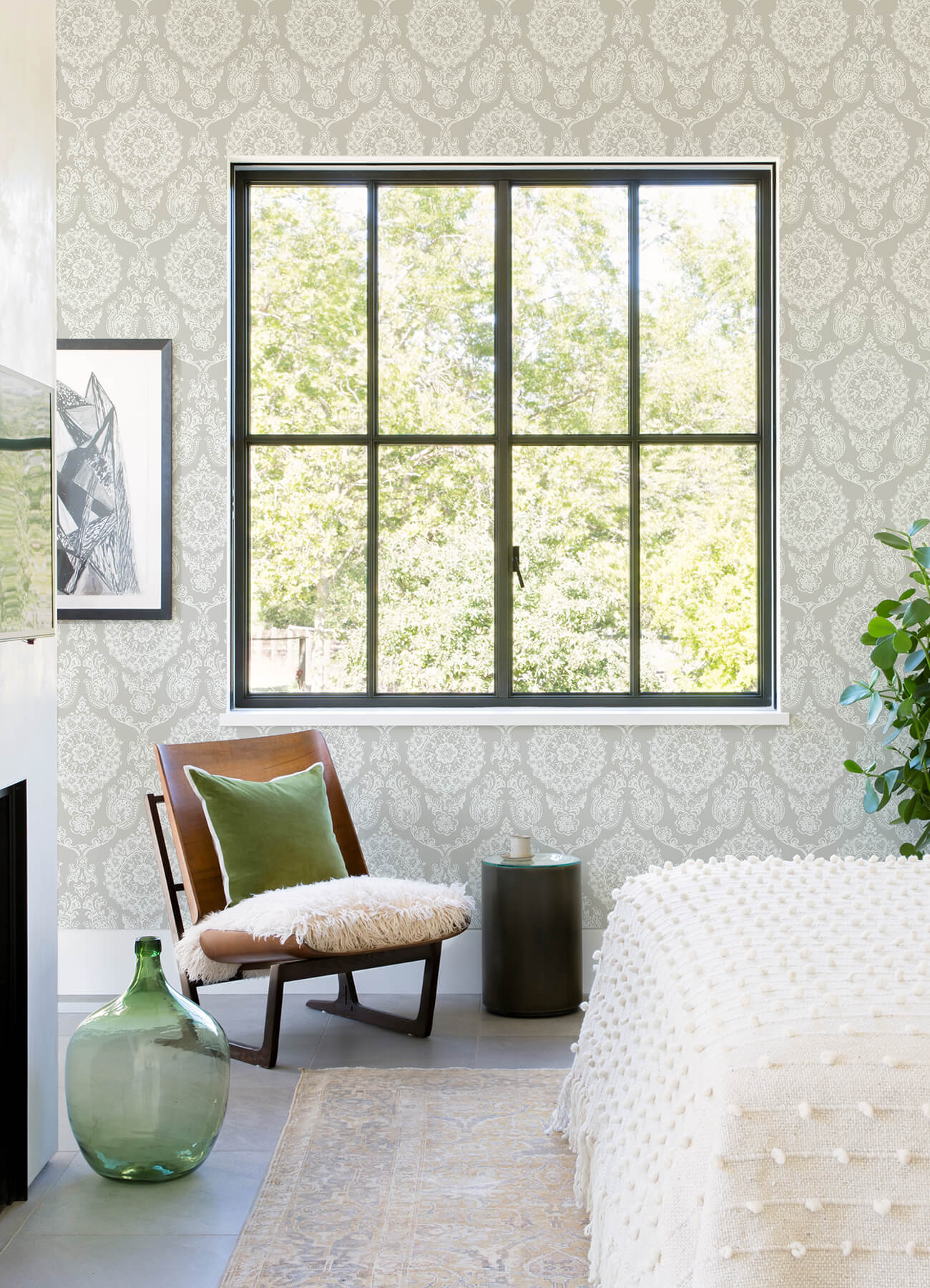 Blue Heron Helm Damask Floral Medallion Wallpaper