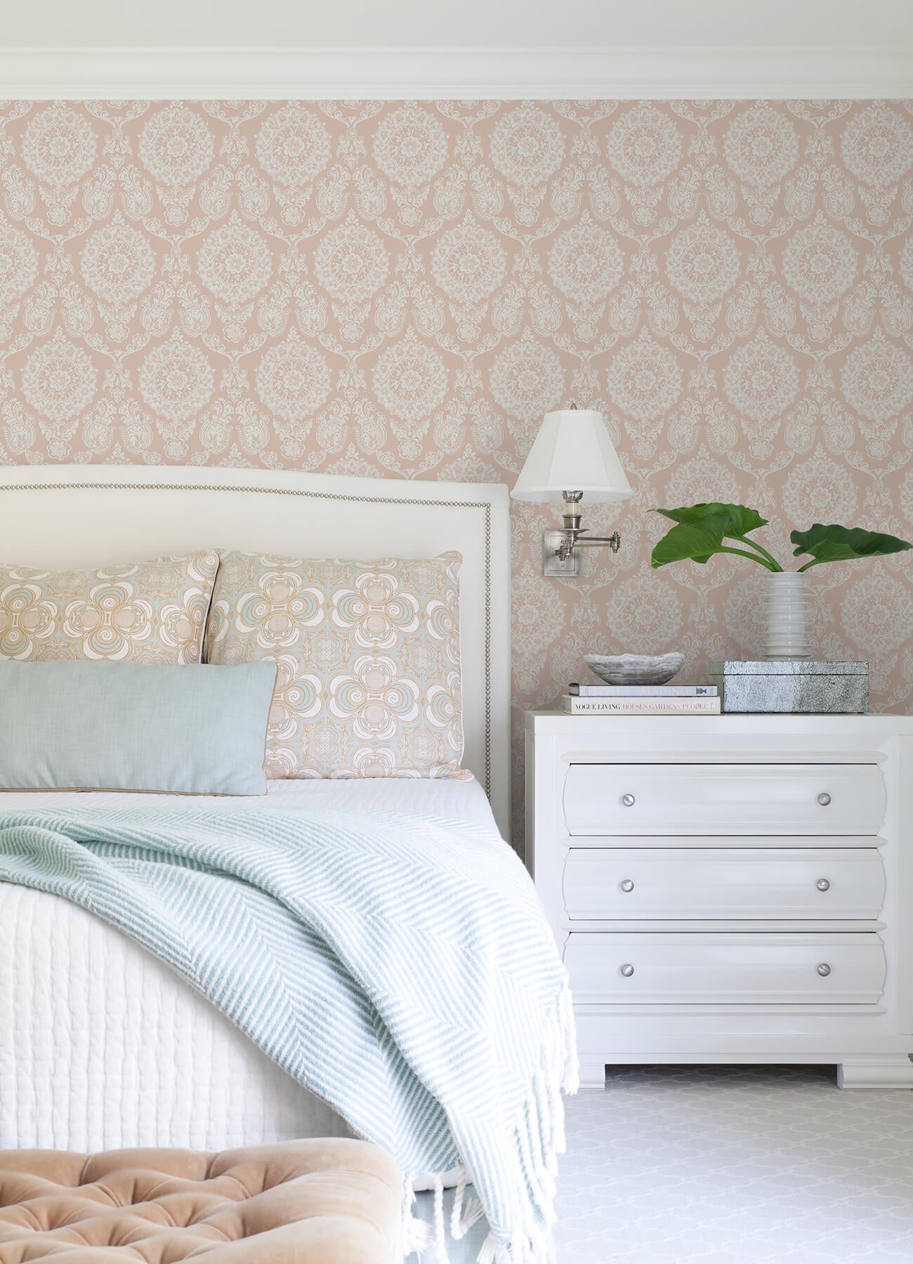 Blue Heron Helm Damask Floral Medallion Wallpaper