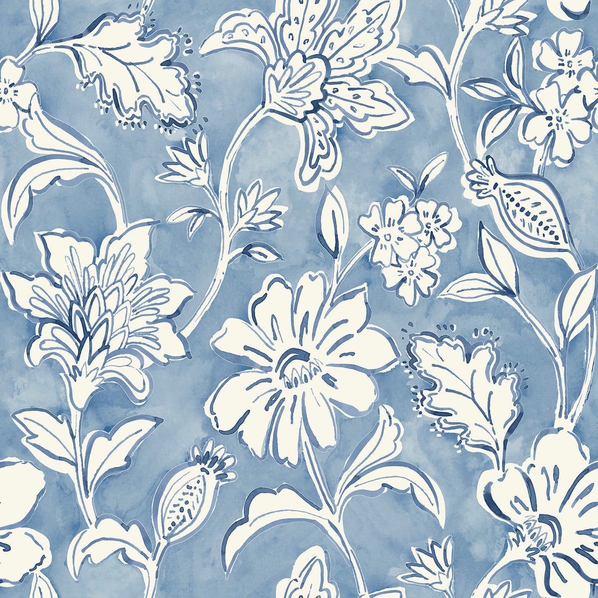 Chesapeake Blue Heron Plumeria Floral Trail Wallpaper - Blue, botanical