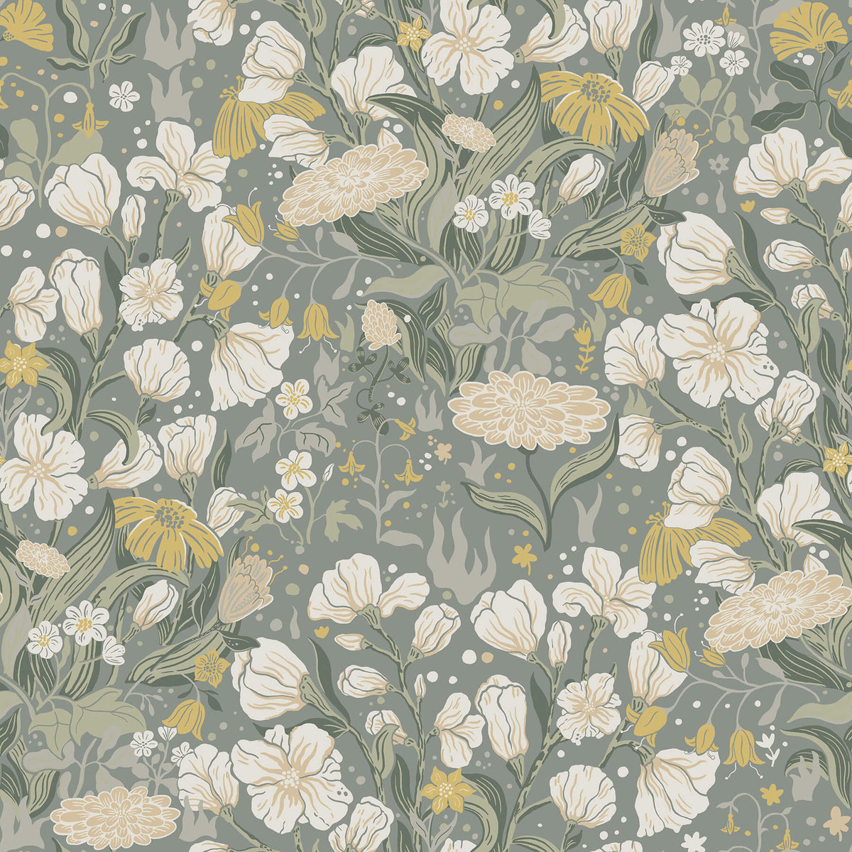 A-Street Prints Botanica Hava Meadow Flowers Wallpaper - Moss, botanical in orange, yellow, neutral