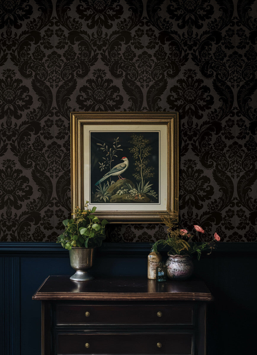 Haberdashery Shadow Flocked Damask Wallpaper