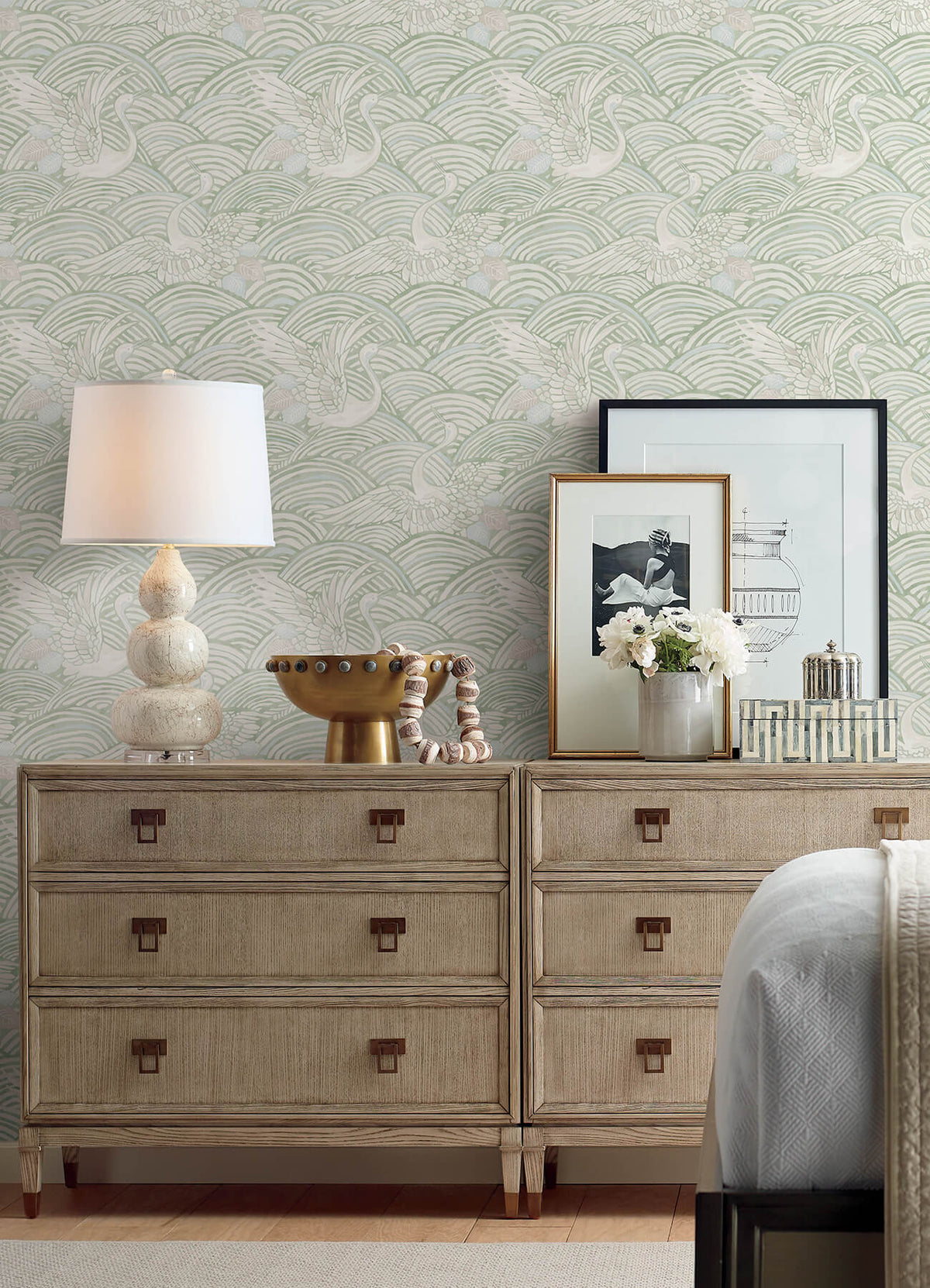 A-Street Prints Sea Salt Egret Wallpaper, chinoiserie / animal in grey, blue, green