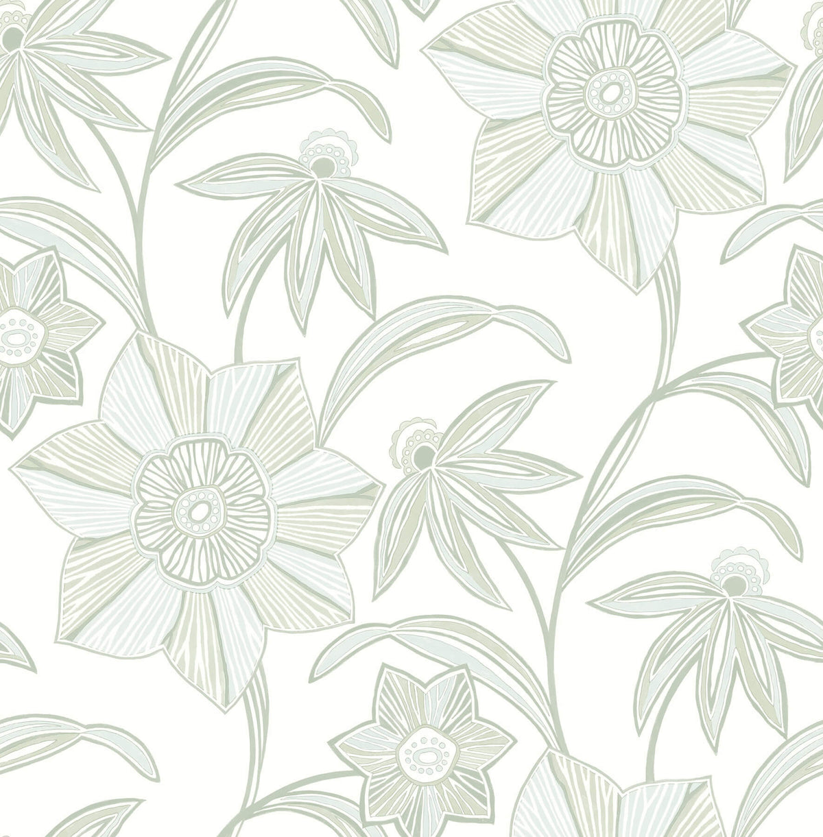 A-Street Prints Sea Salt Star Flower Wallpaper - Light Green, botanical in brown, neutral, black