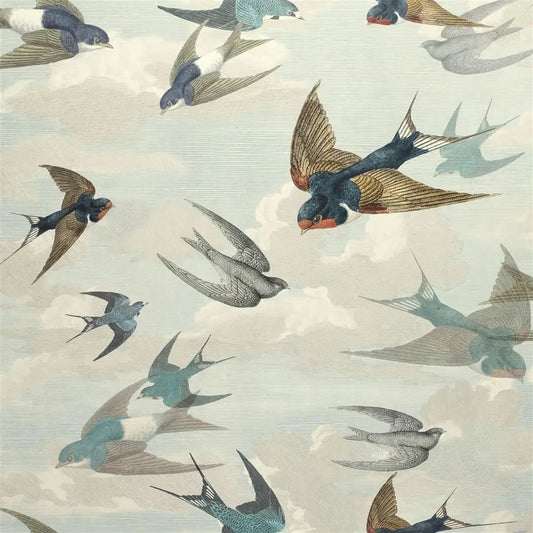 Chimney Swallows Wallpaper by John Derian in Sky Blue