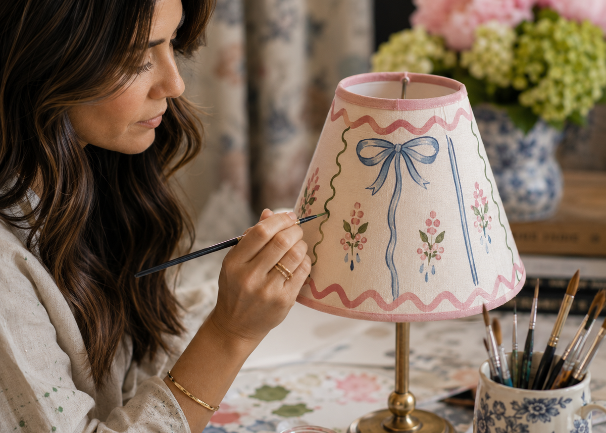 Artist hand-painting a cream lampshade with a blue ribbon bow, pink scalloped trim and tiny floral sprigs