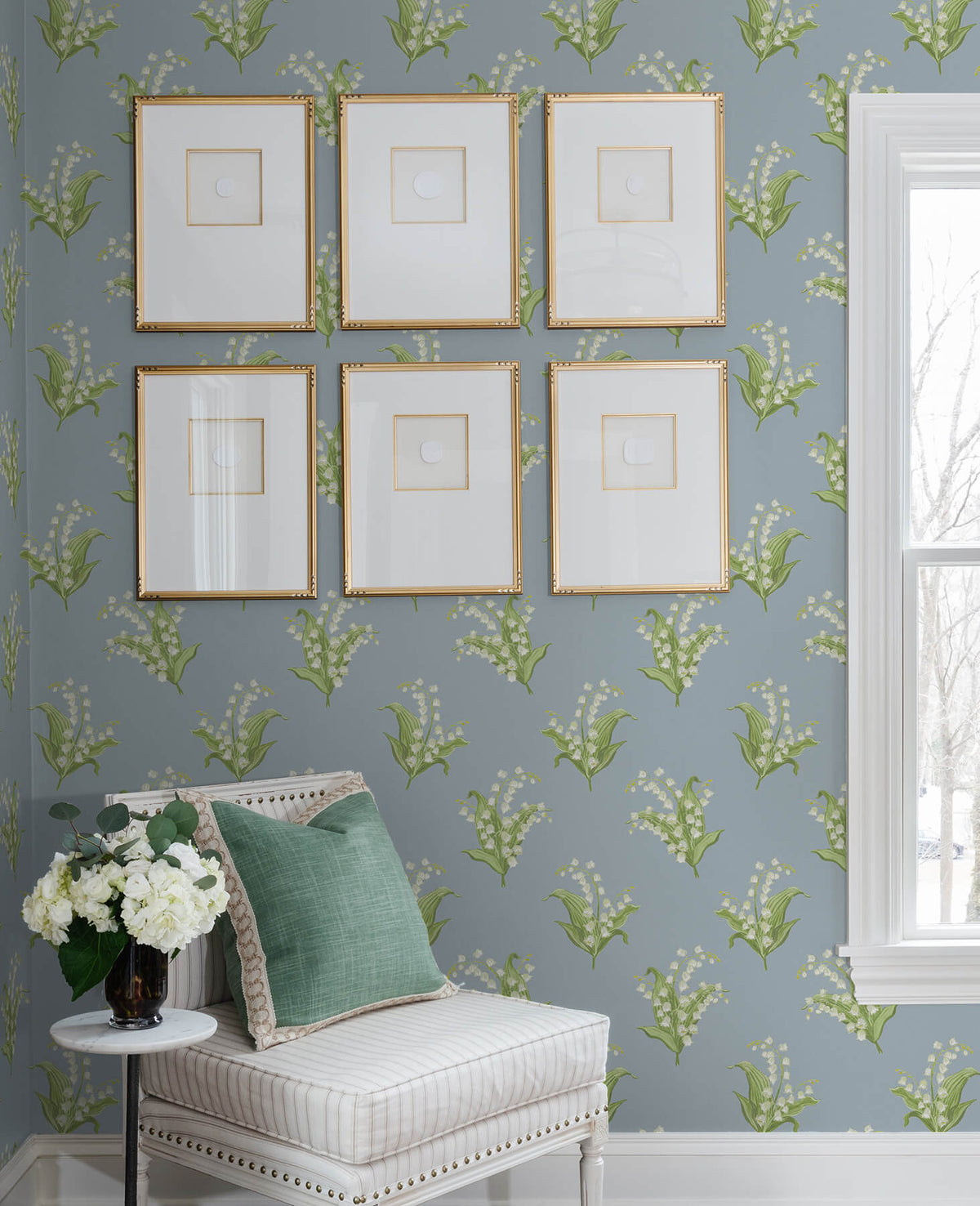 A-Street Prints Farmington Lily of the Valley Wallpaper, botanical in blue, grey, neutral