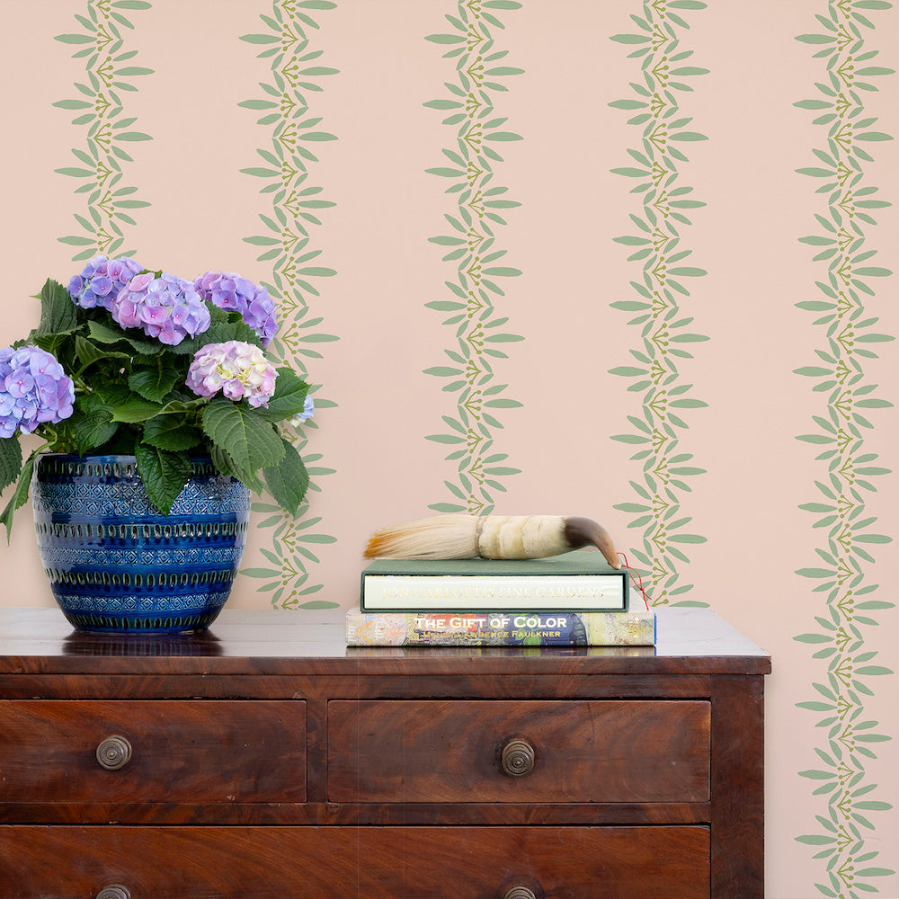 Anne Wallpaper by Ferrick Mason in Green on Petal Pink