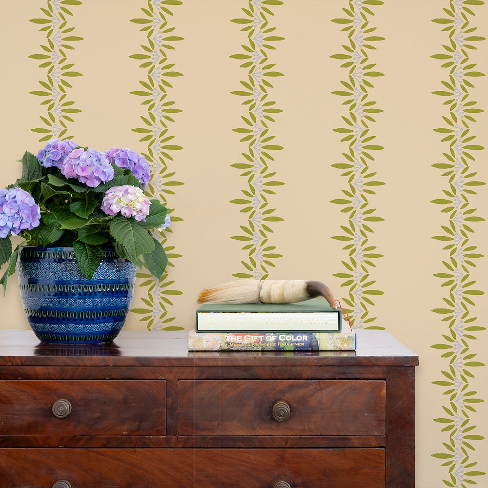 Anne Wallpaper by Ferrick Mason in Periwinkle Green on Bisque