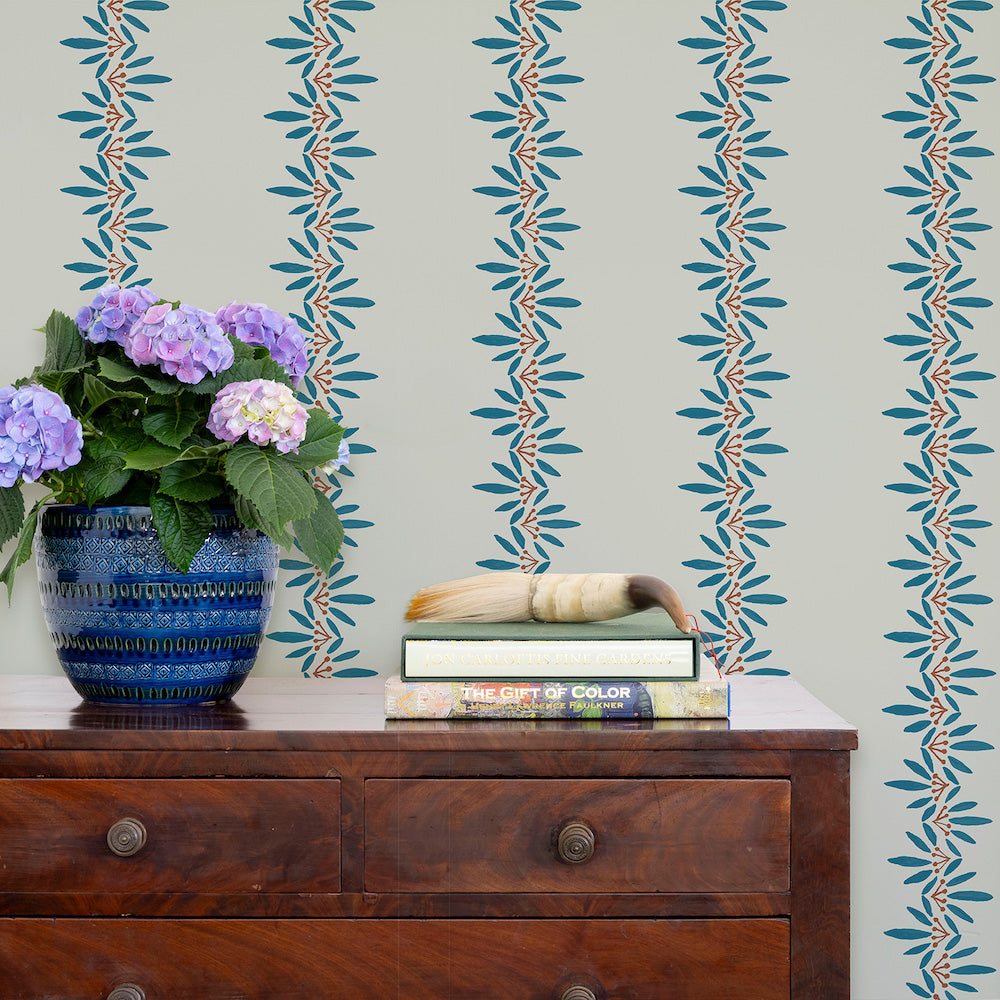 Anne Wallpaper by Ferrick Mason in Terracotta Blue on Haze