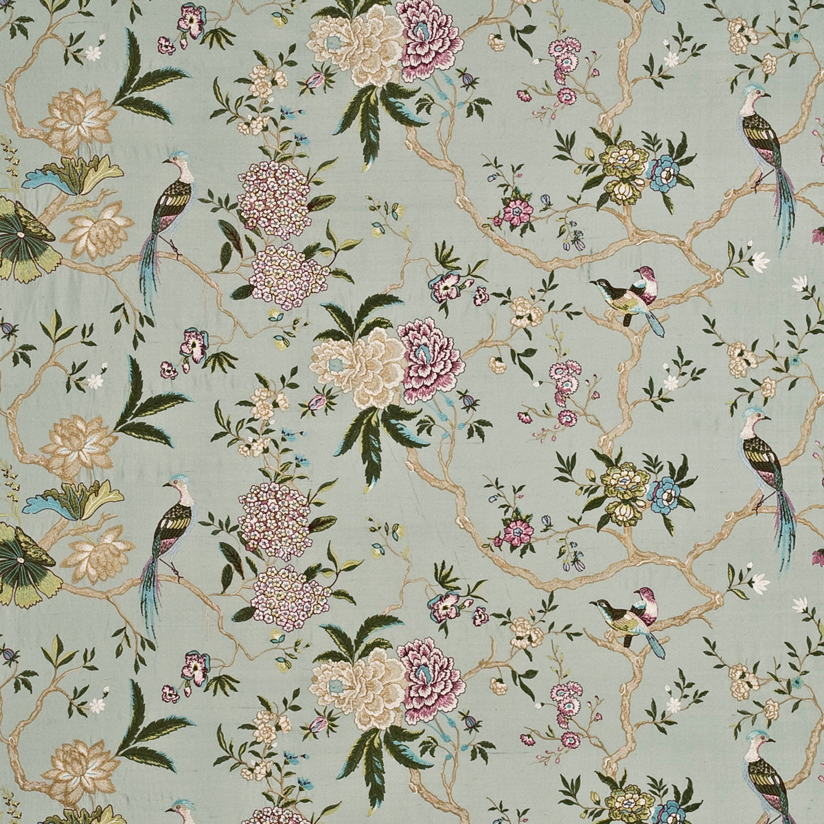 Oriental Bird Embroidery Silk - Aqua/Multi
