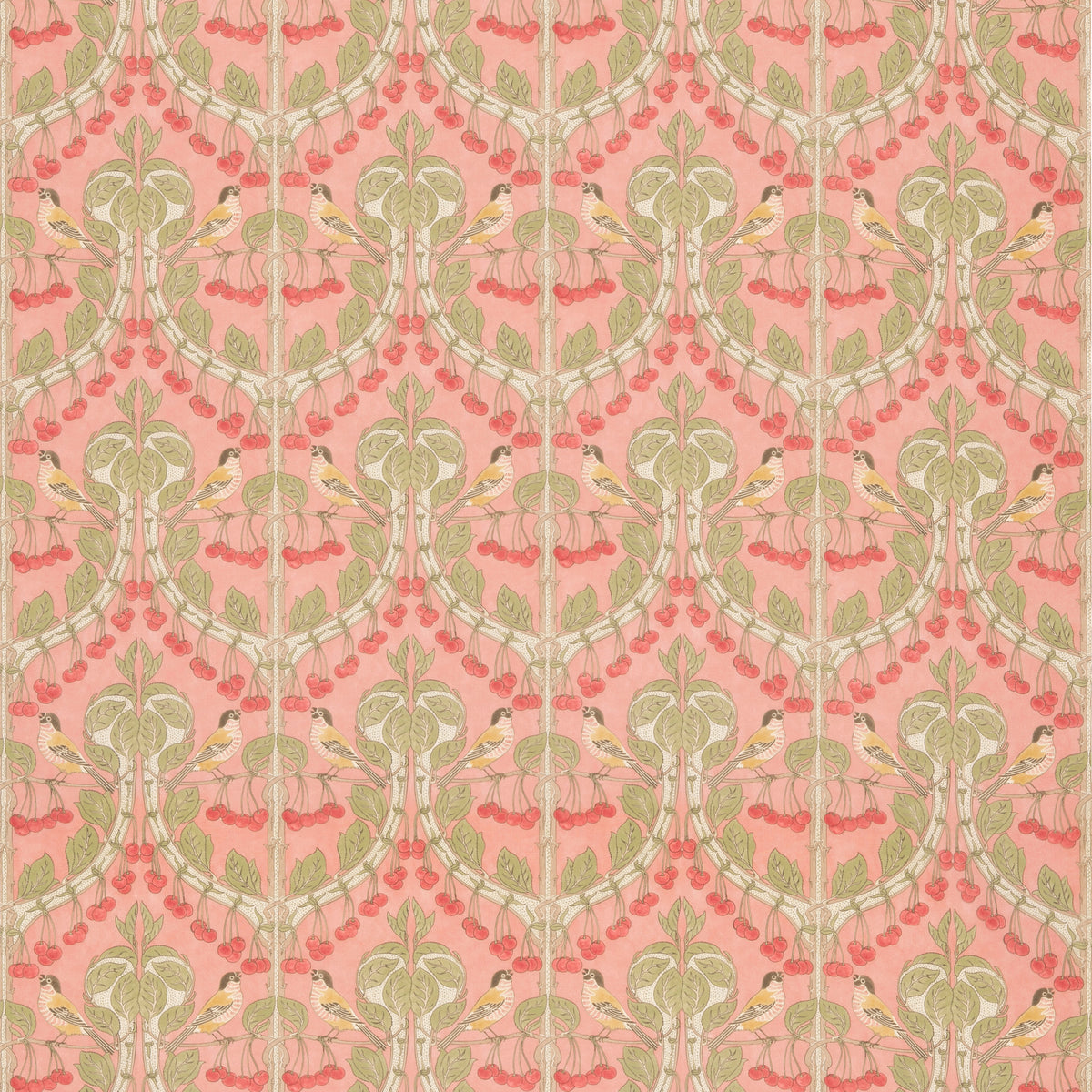 Birds & Cherries Cotton Fabric by G P & J Baker in Coral