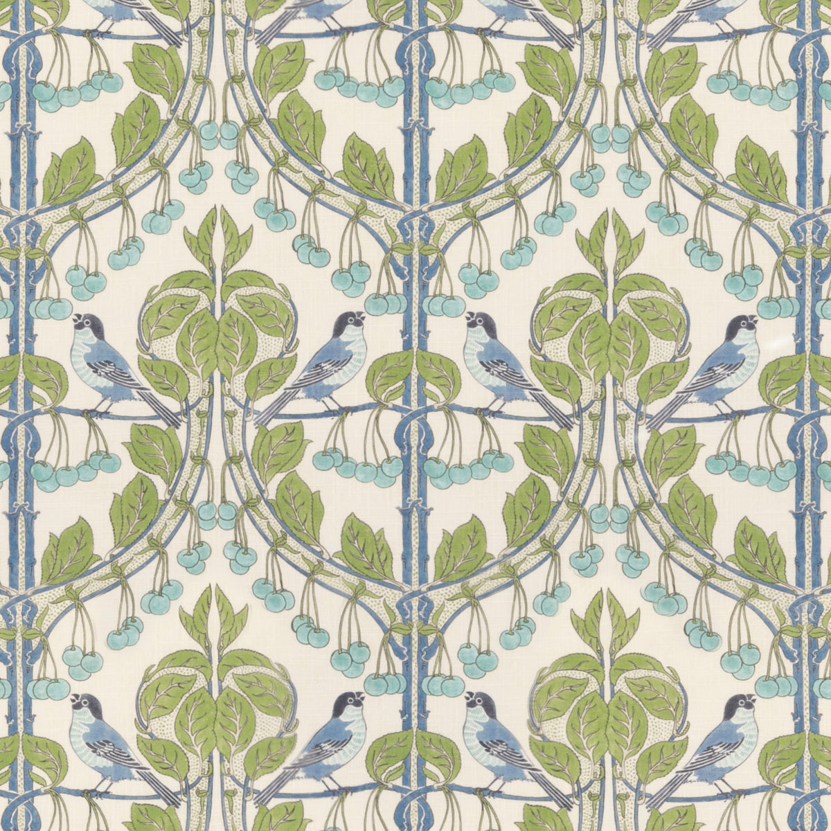 Birds & Cherries Fabric by G P & J Baker in Green/Blue