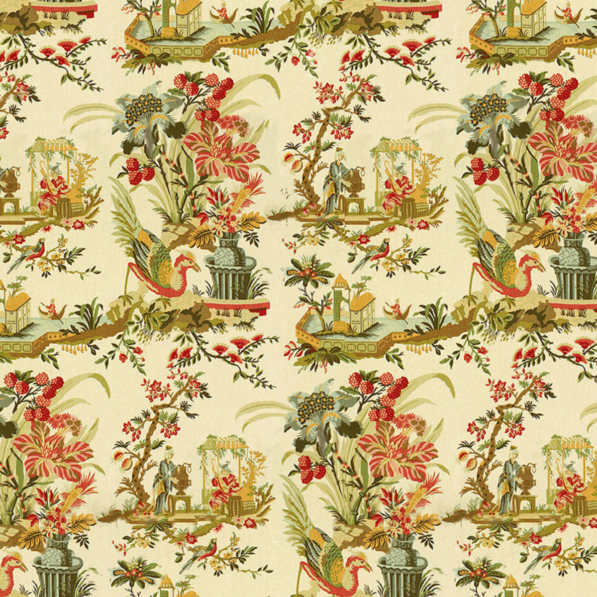 Le Lac Linen Print Fabric by Brunschwig & Fils in Teal And Melon On Cream