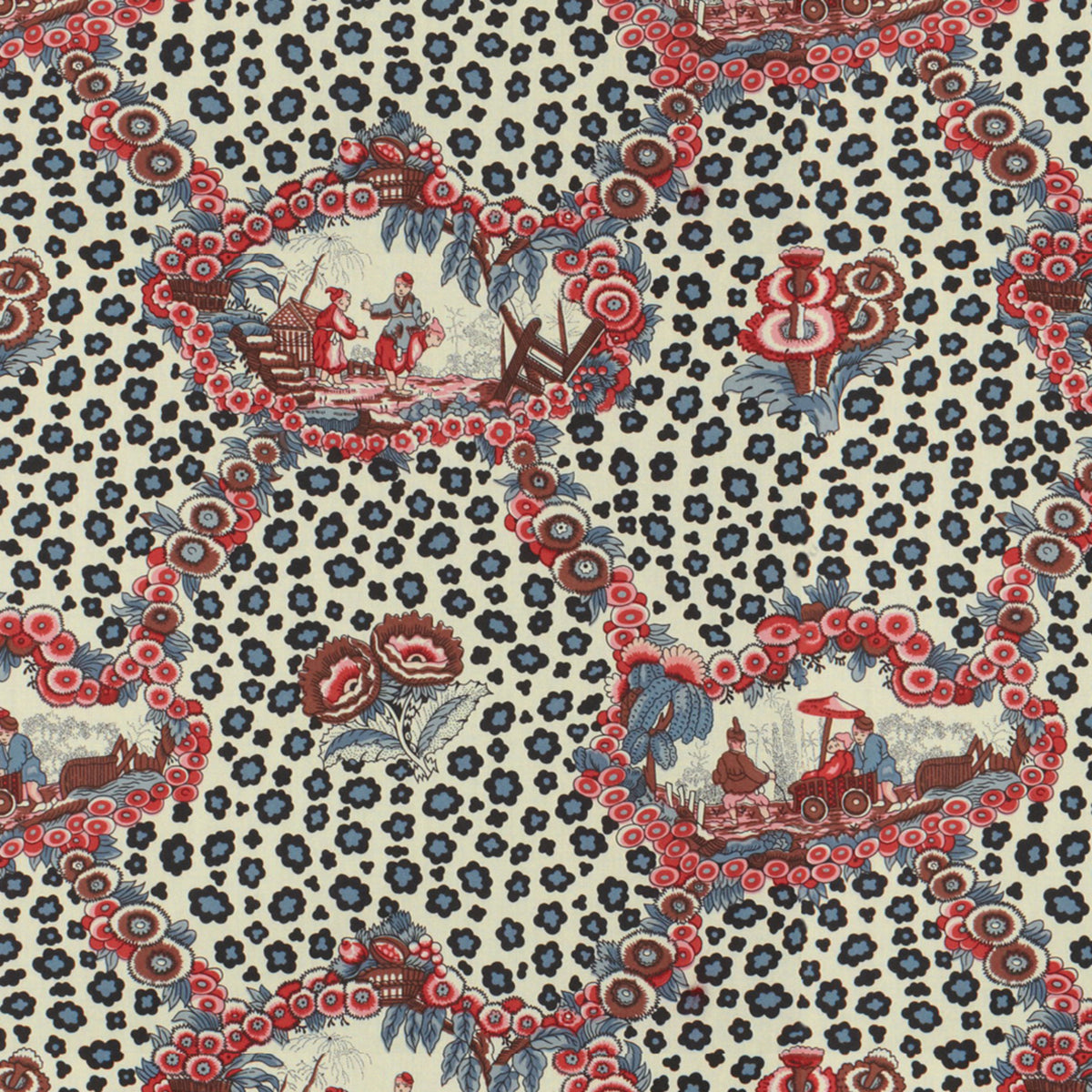 Chinese Leopard Toile Fabric by Brunschwig & Fils in Shades Of Red & Blue
