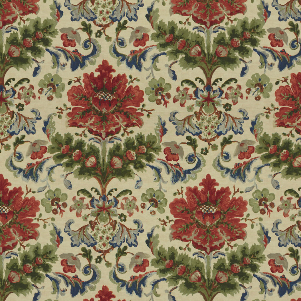 Windsor Damask Cotton & Linen Print Fabric by Brunschwig & Fils in Red On Ecru