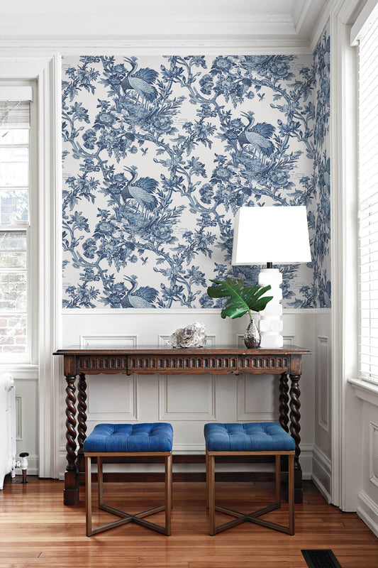 Seabrook DuPont Crane Toile High Performance Wallpaper - French Blue