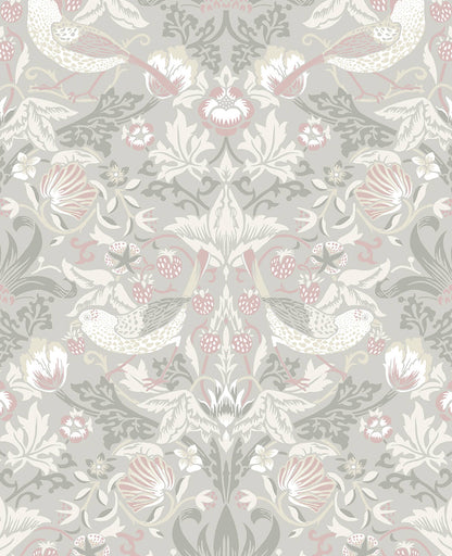 Seabrook Legacy Prints Fragaria Garden Wallpaper - Light Grey & Rose Petal