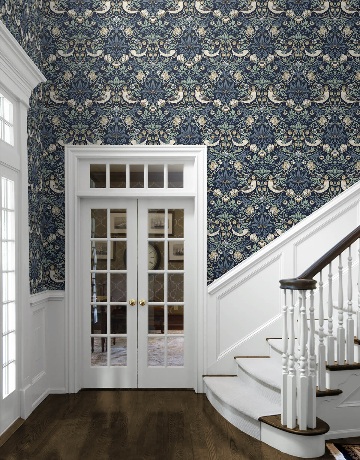 Seabrook Legacy Prints Fragaria Garden Wallpaper - Navy Blue & Aloe