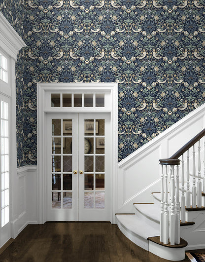 Seabrook Legacy Prints Fragaria Garden Wallpaper - Navy Blue & Aloe