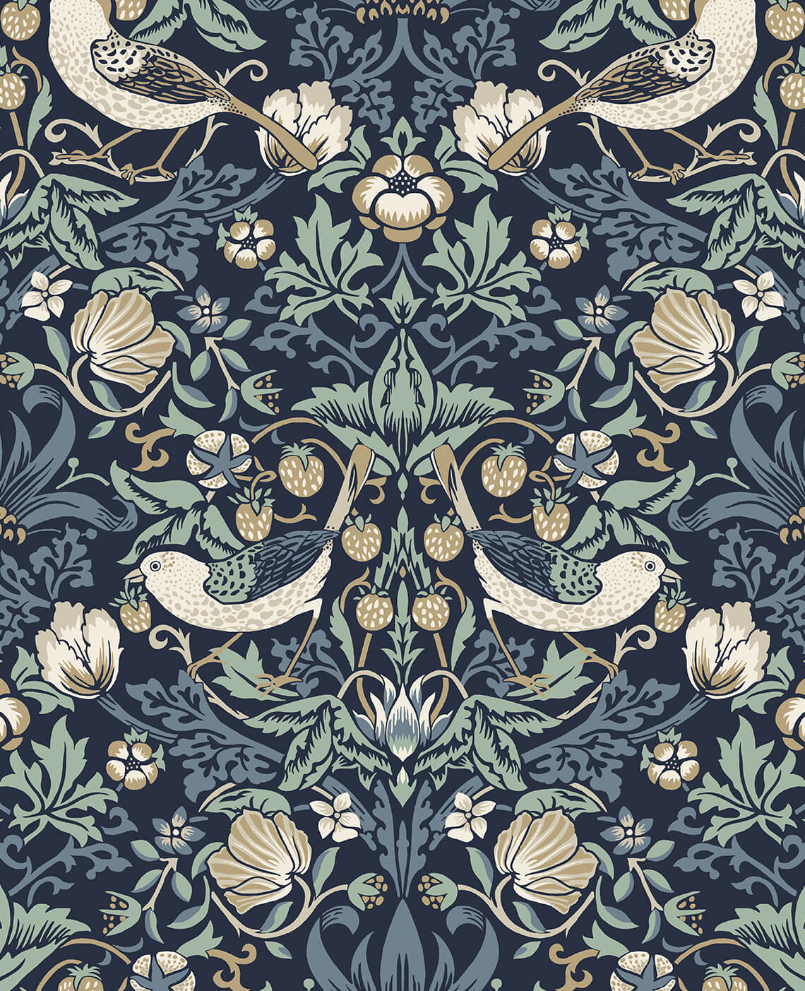 Seabrook Legacy Prints Fragaria Garden Wallpaper - Navy Blue & Aloe