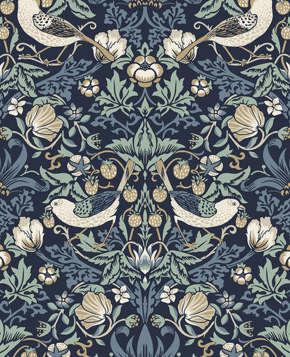 Seabrook Legacy Prints Fragaria Garden Wallpaper - Navy Blue & Aloe