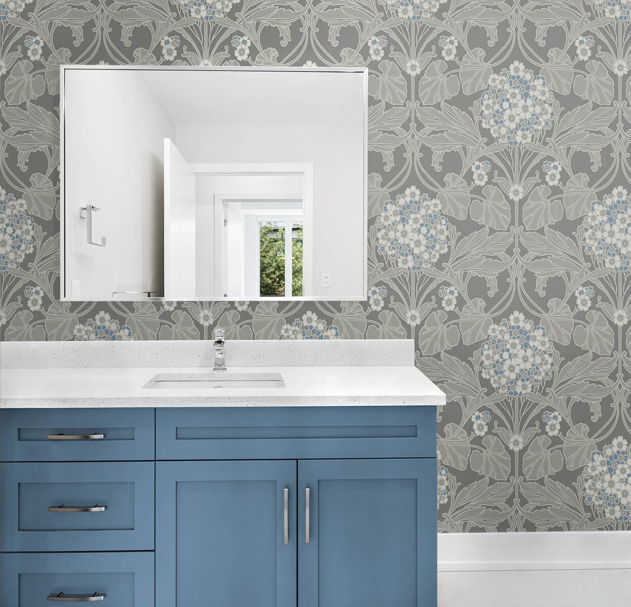 Seabrook Legacy Prints Floral Hydrangea Wallpaper - Grey & Carolina Blue