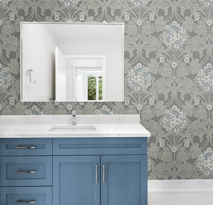 Seabrook Legacy Prints Floral Hydrangea Wallpaper - Grey & Carolina Blue
