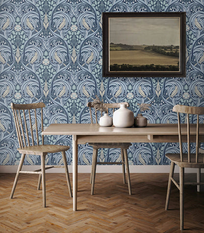 Seabrook Legacy Prints Bird Scroll Wallpaper - Denim & Blue Mist