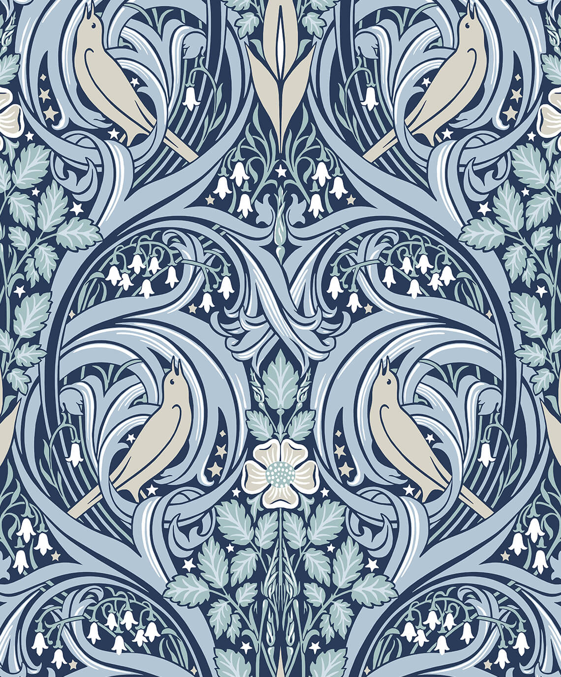 Seabrook Legacy Prints Bird Scroll Wallpaper - Denim & Blue Mist