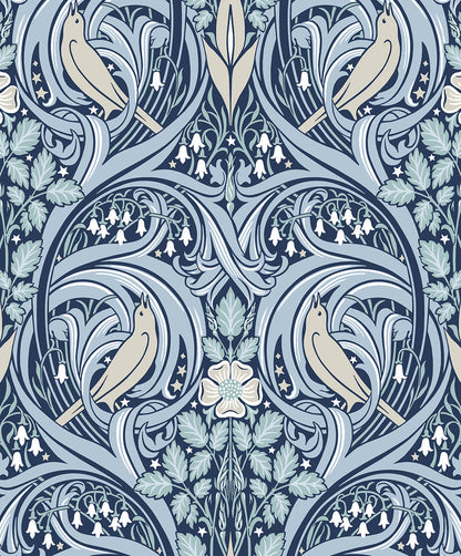 Seabrook Legacy Prints Bird Scroll Wallpaper - Denim & Blue Mist
